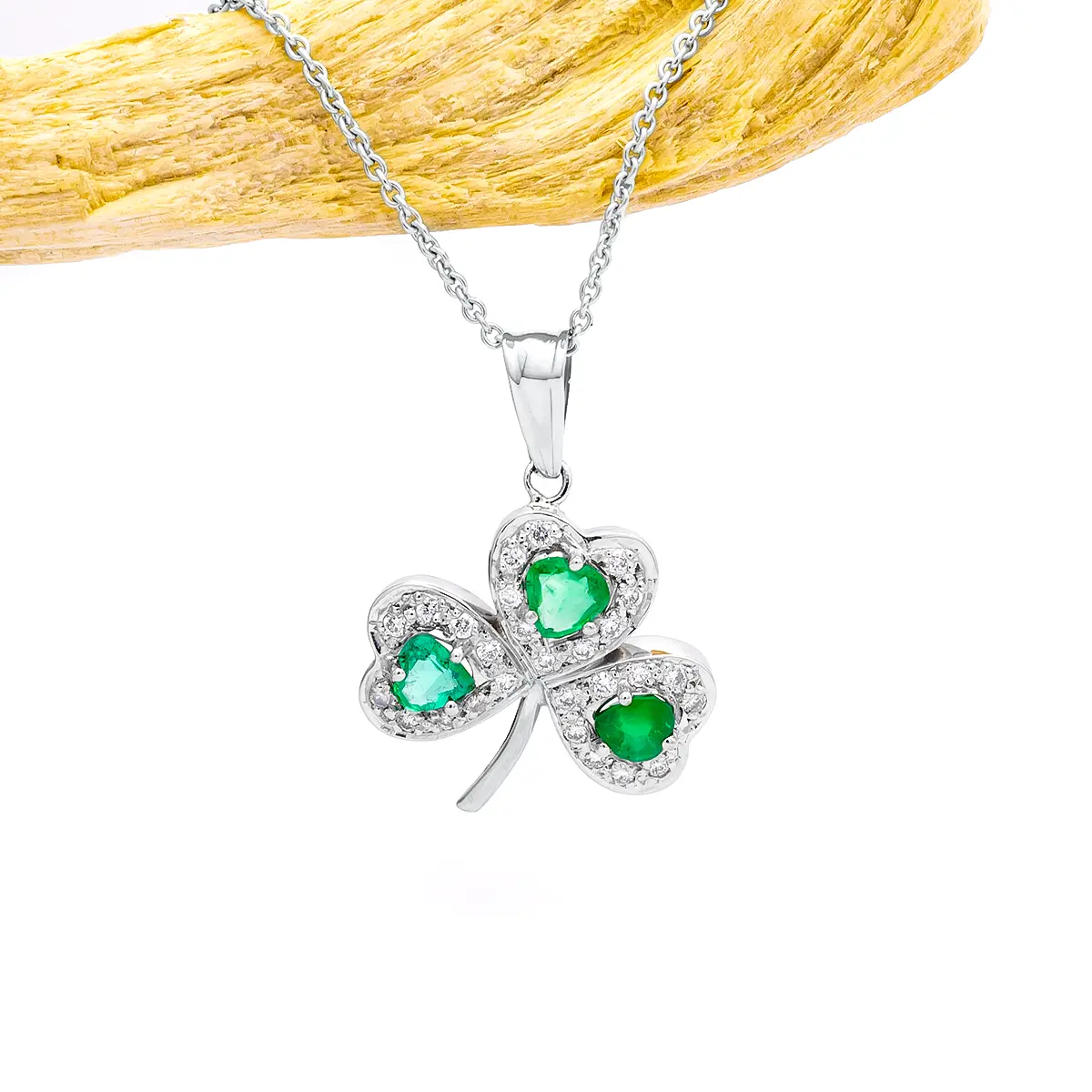 White Gold Emerald Diamond Shamrock Pendant 2...