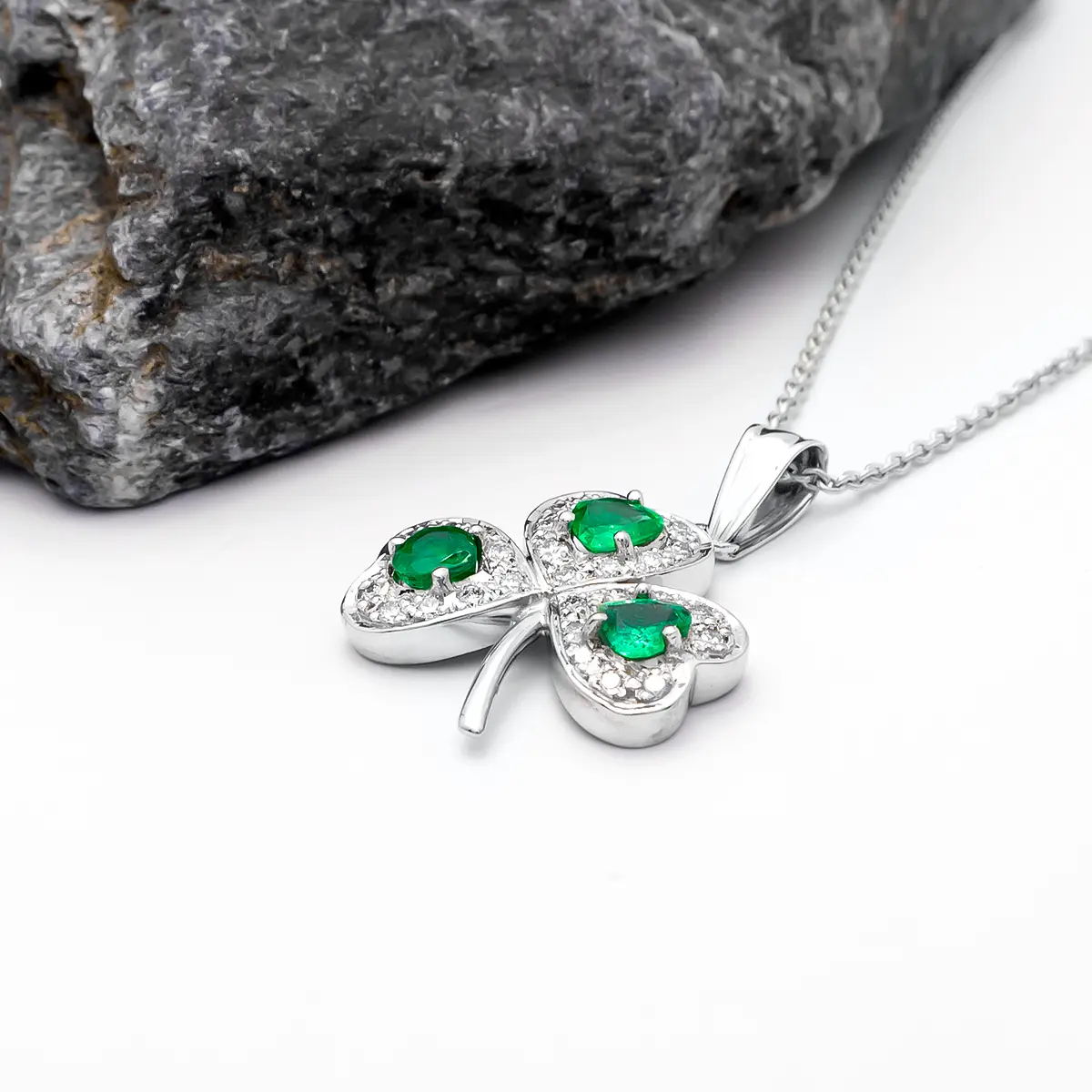 White Gold Emerald Diamond Shamrock Pendant 3...