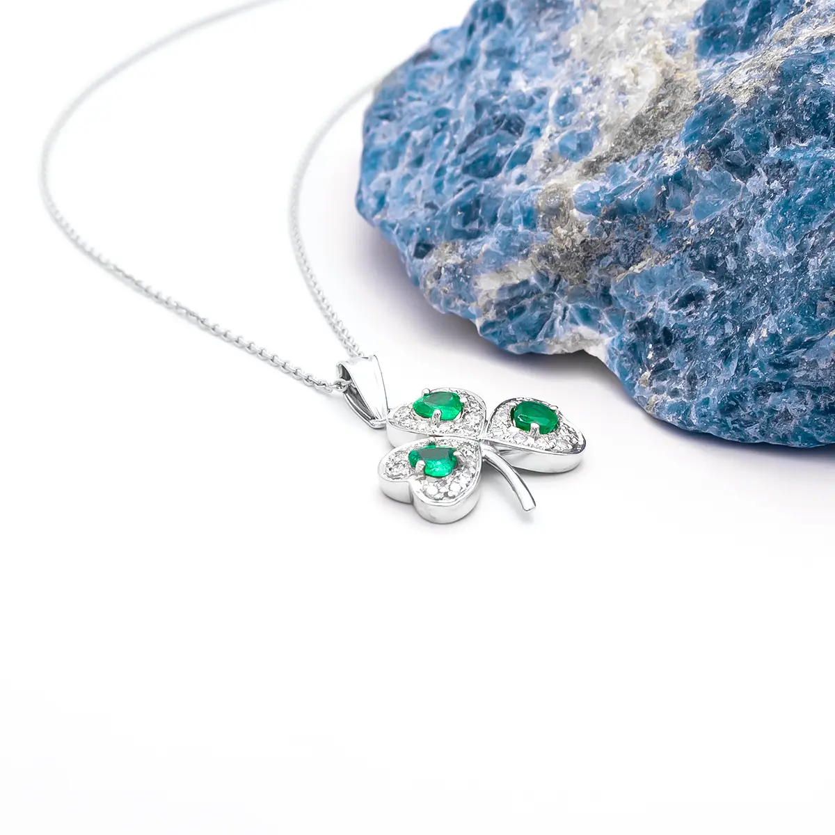 White Gold Emerald Diamond Shamrock Pendant 4...