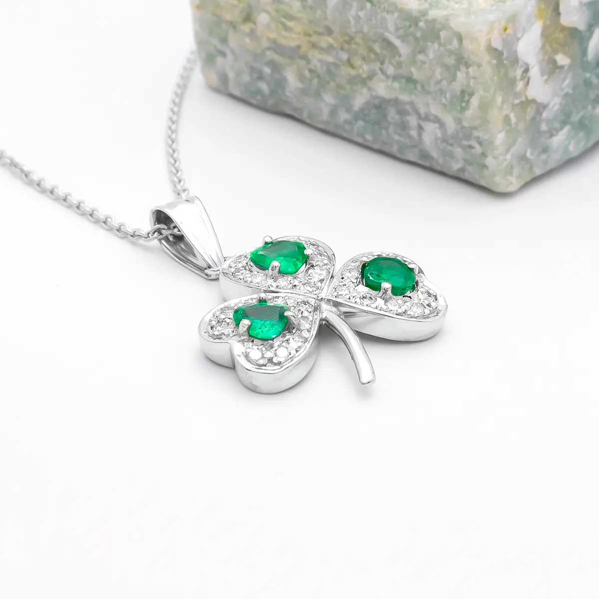 White Gold Emerald Diamond Shamrock Pendant 5...