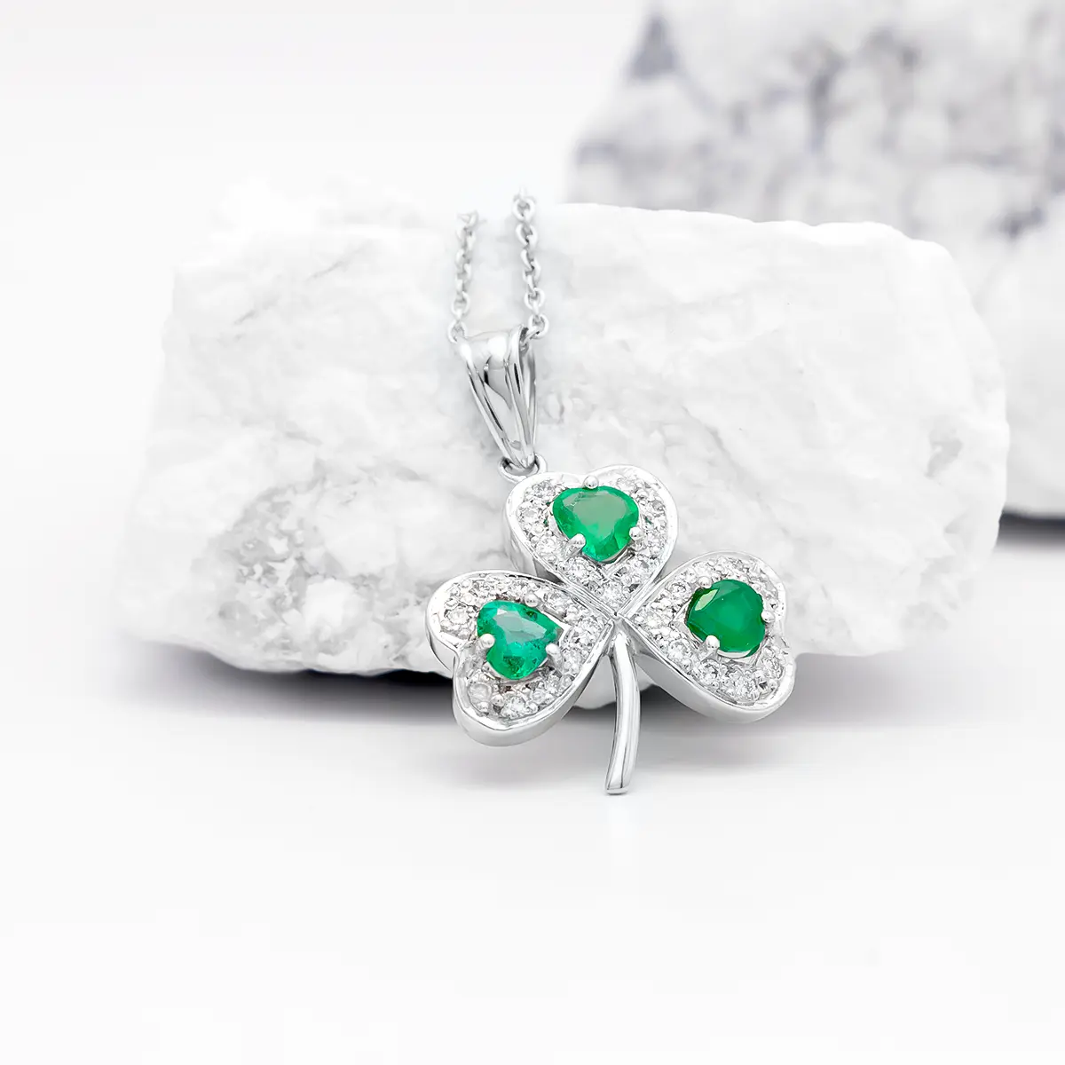 White Gold Emerald Diamond Shamrock Pendant 6...