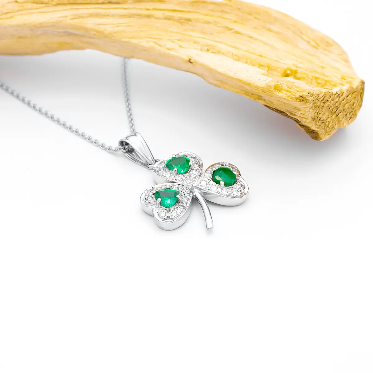 White Gold Emerald Diamond Shamrock Pendant 7...