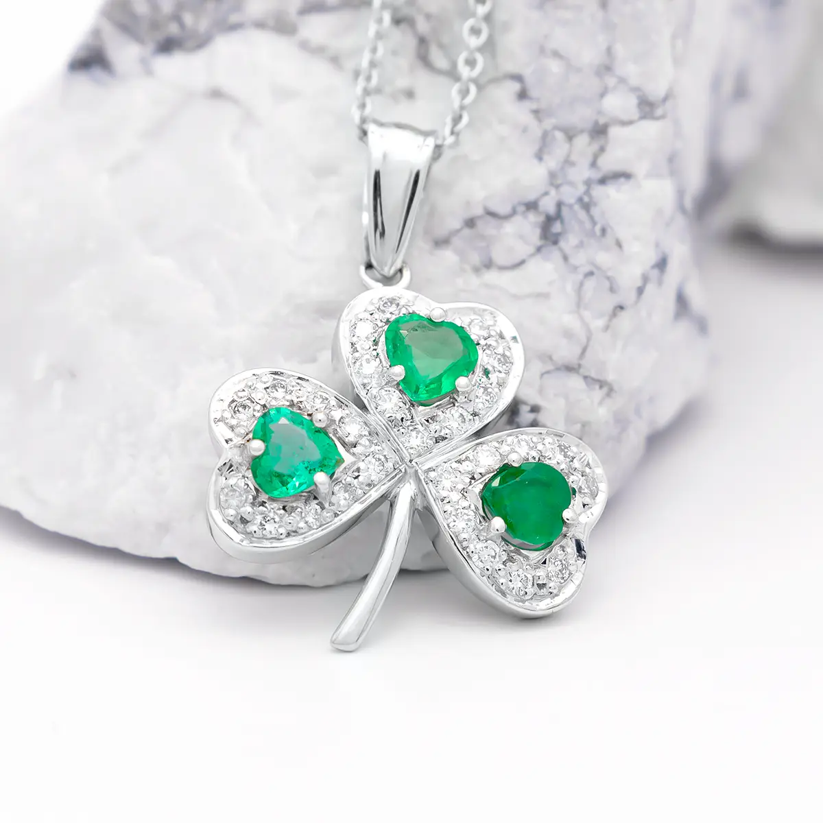 White Gold Heartshape Emerald And Diamond Shamrock Pendant...