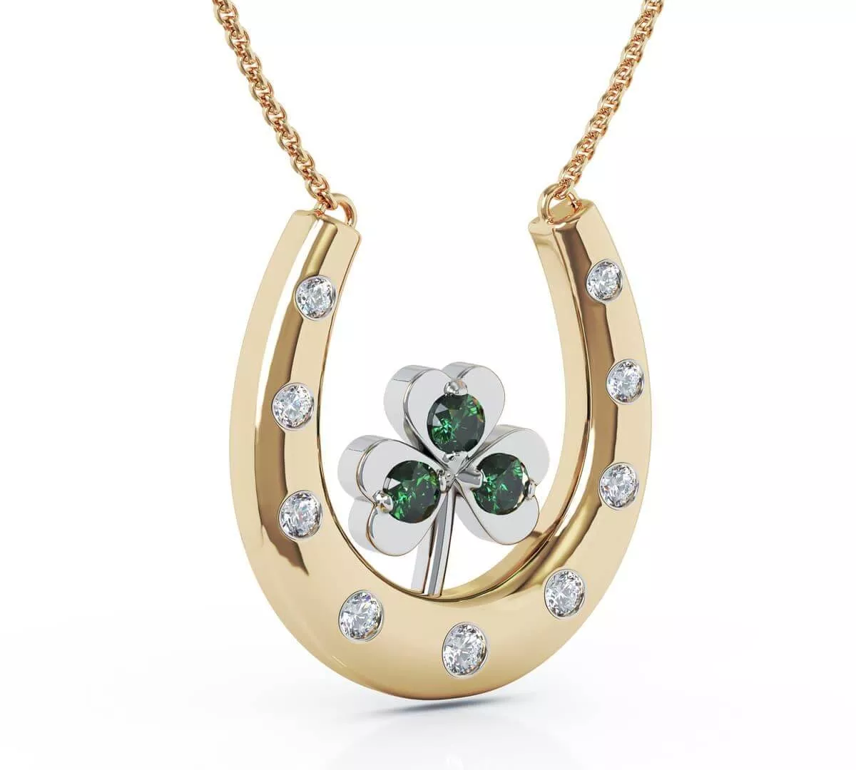 Emerald And Diamond Shamrock On Horseshoe Necklace