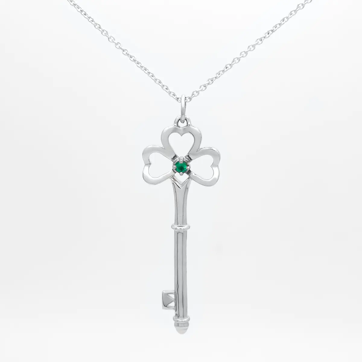 White Gold Emerald Shamrock Key Pendant 1...