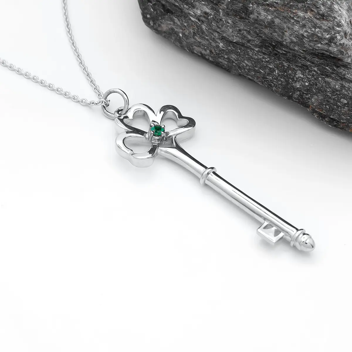 White Gold Emerald Shamrock Key Pendant 2...