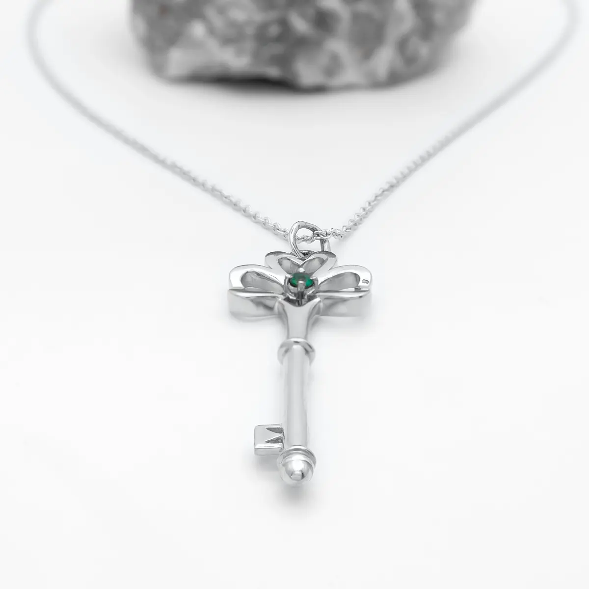 White Gold Emerald Shamrock Key Pendant 4...