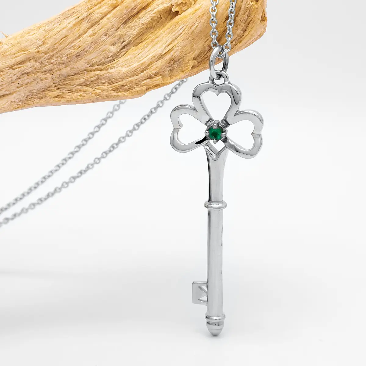 White Gold Emerald Shamrock Key Pendant 5...