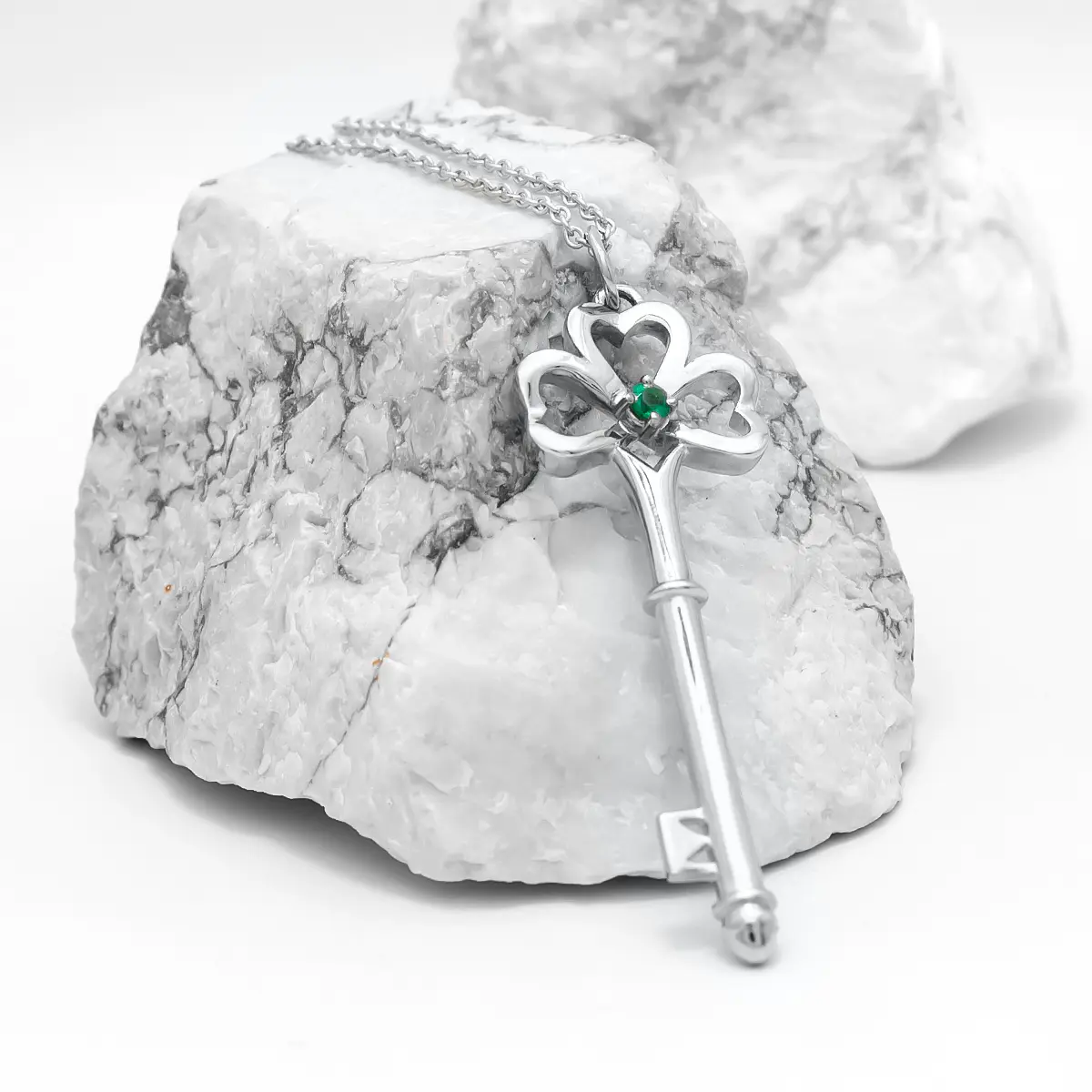 White Gold Emerald Shamrock Key Pendant...