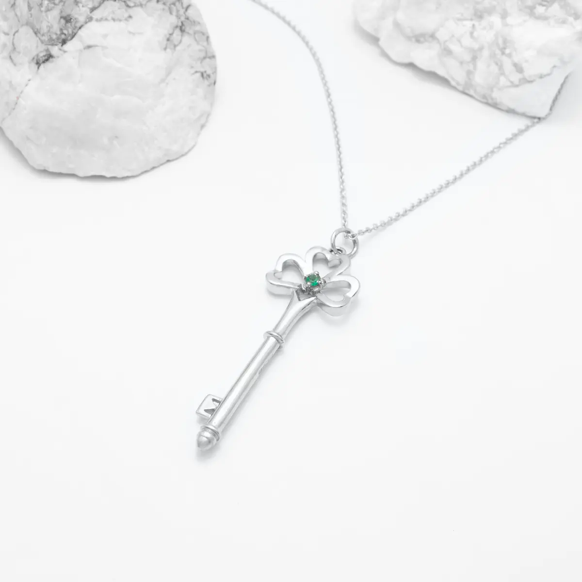 White Gold Emerald Shamrock Key Pendant 7...