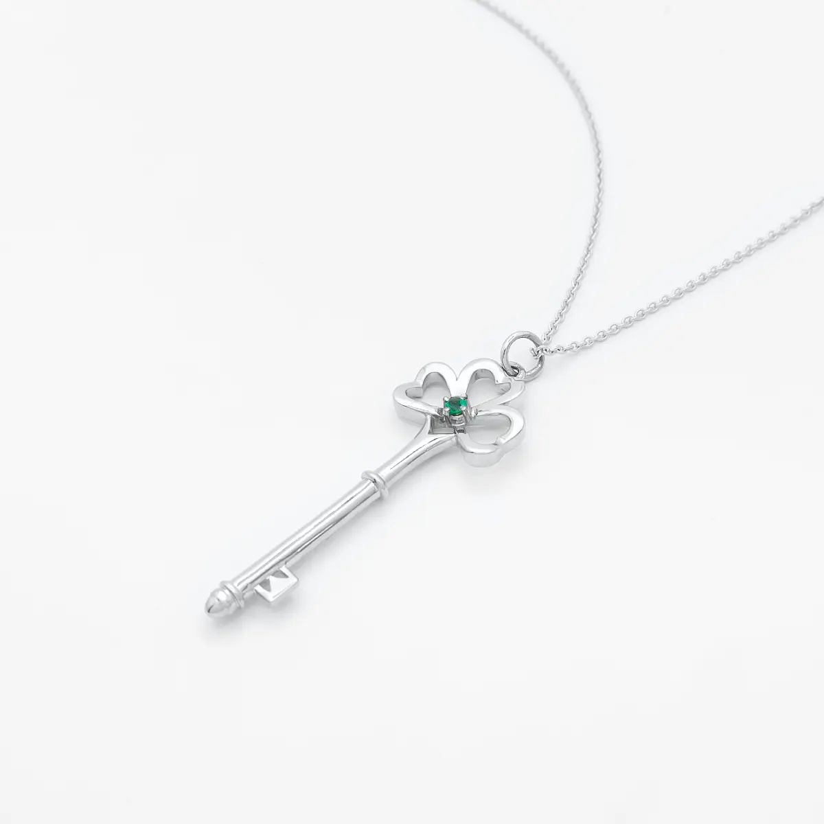 White Gold Emerald Shamrock Key Pendant 8...