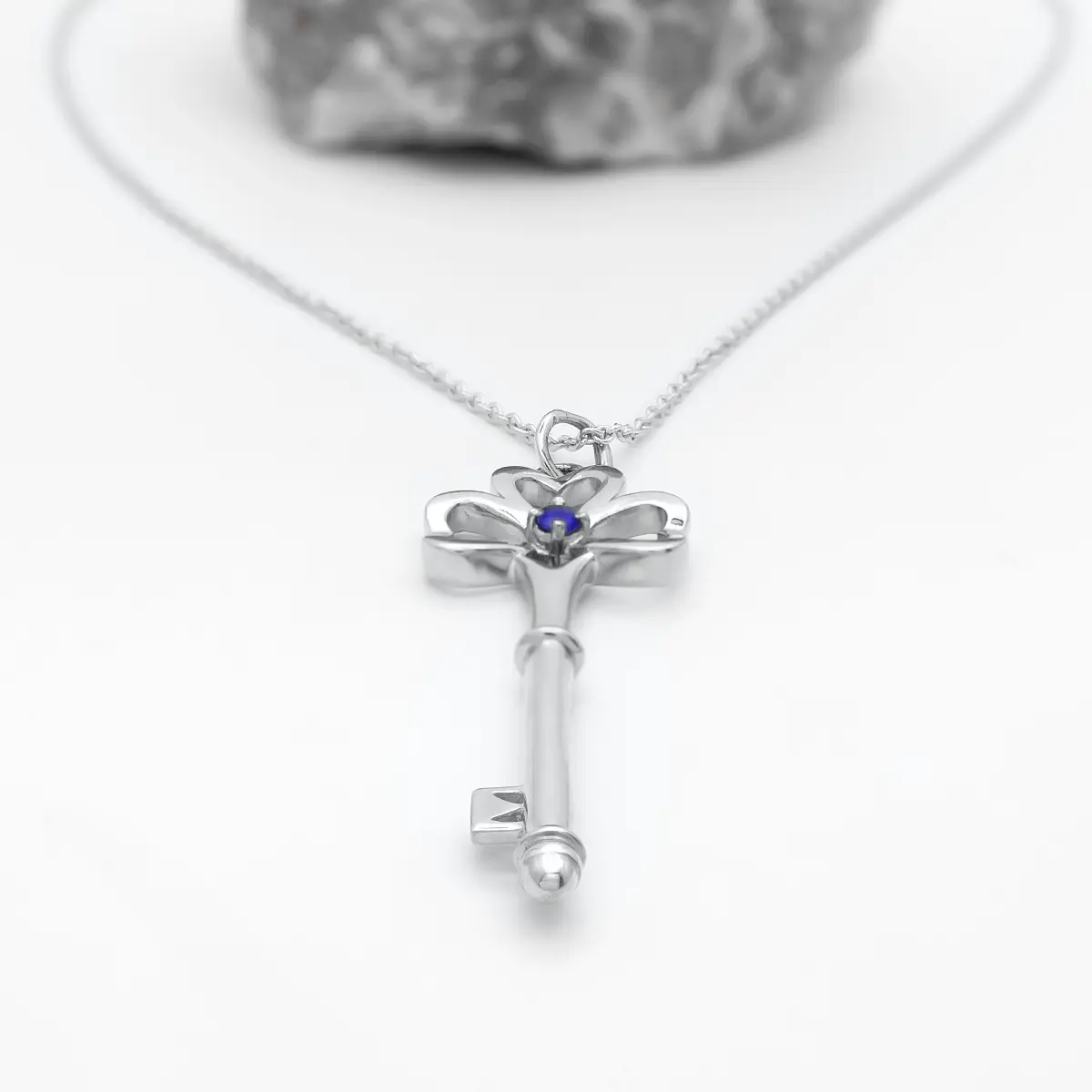 White Gold Sapphire Shamrock Key Pendant 4...