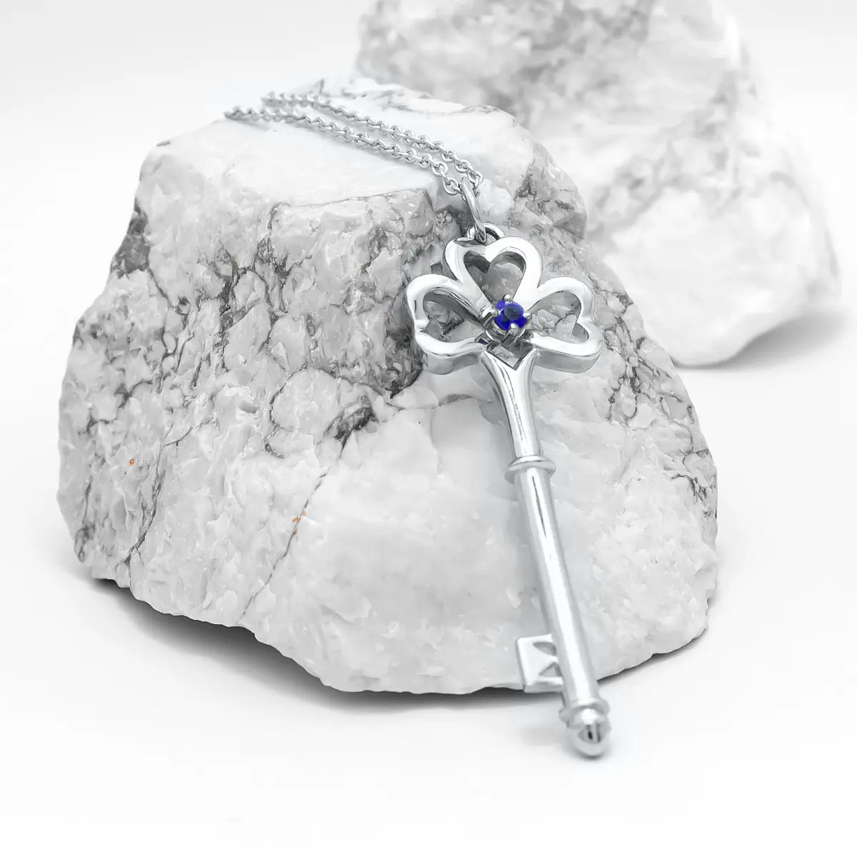 White Gold Sapphire Shamrock Key Pendant 6...