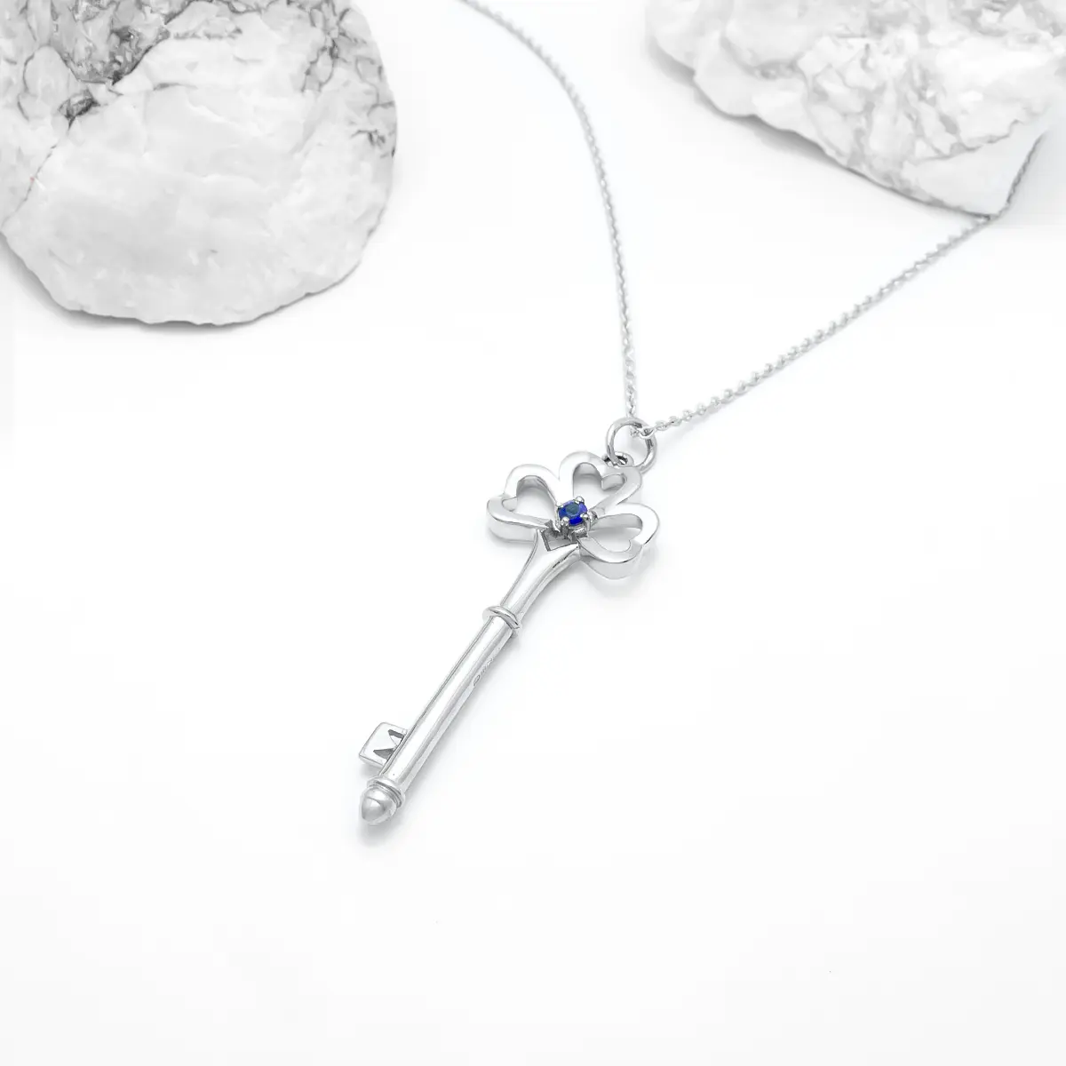 White Gold Sapphire Shamrock Key Pendant 7...