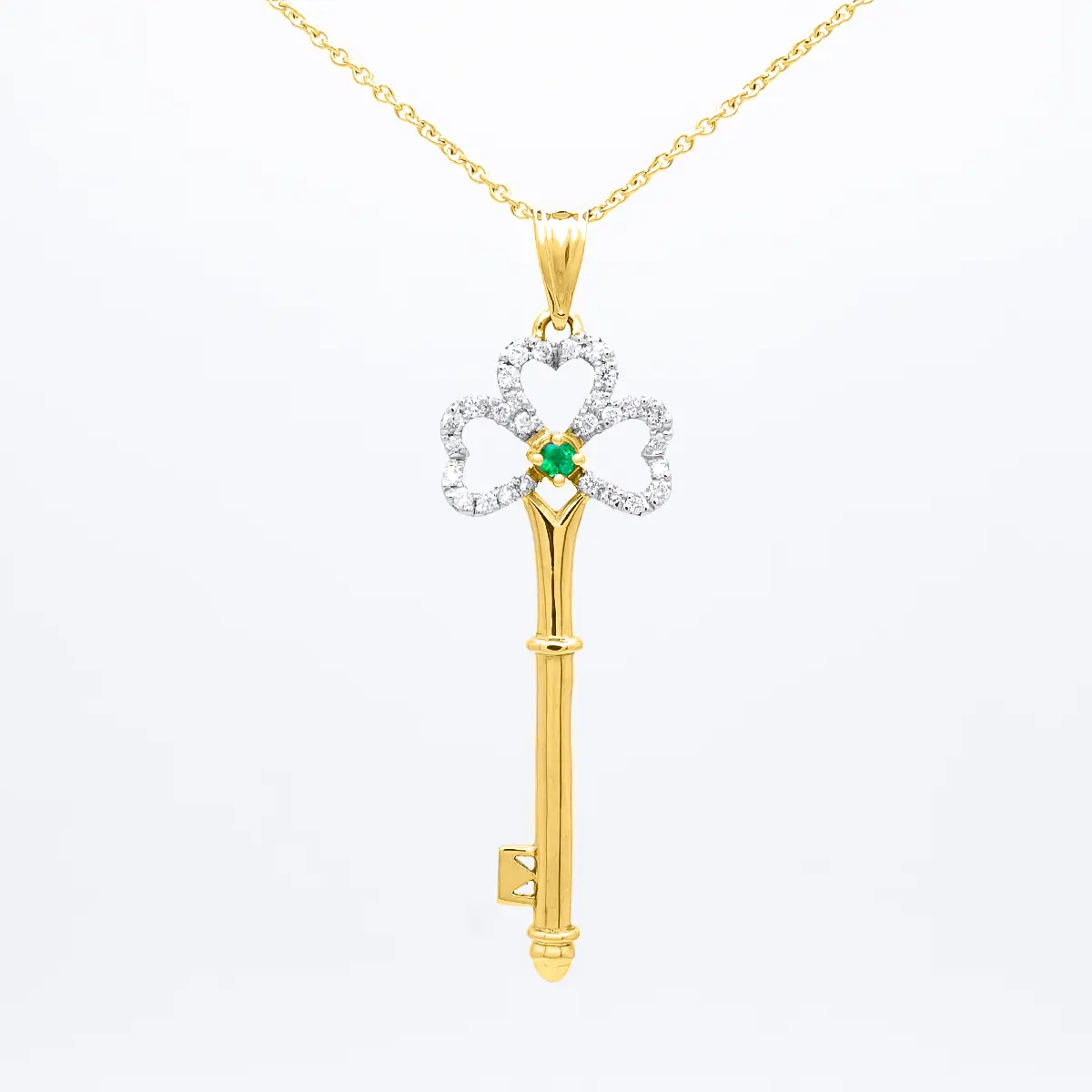 Gold Irish Shamrock Key Pendant With Emerald And Diamonds Photo 3 