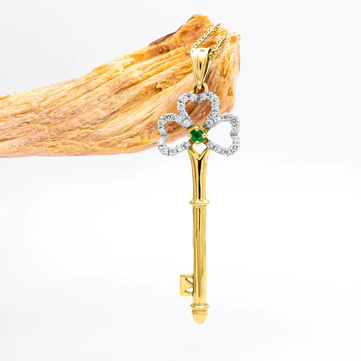 Gold Irish Shamrock Key Pendant With Emerald And Diamonds...