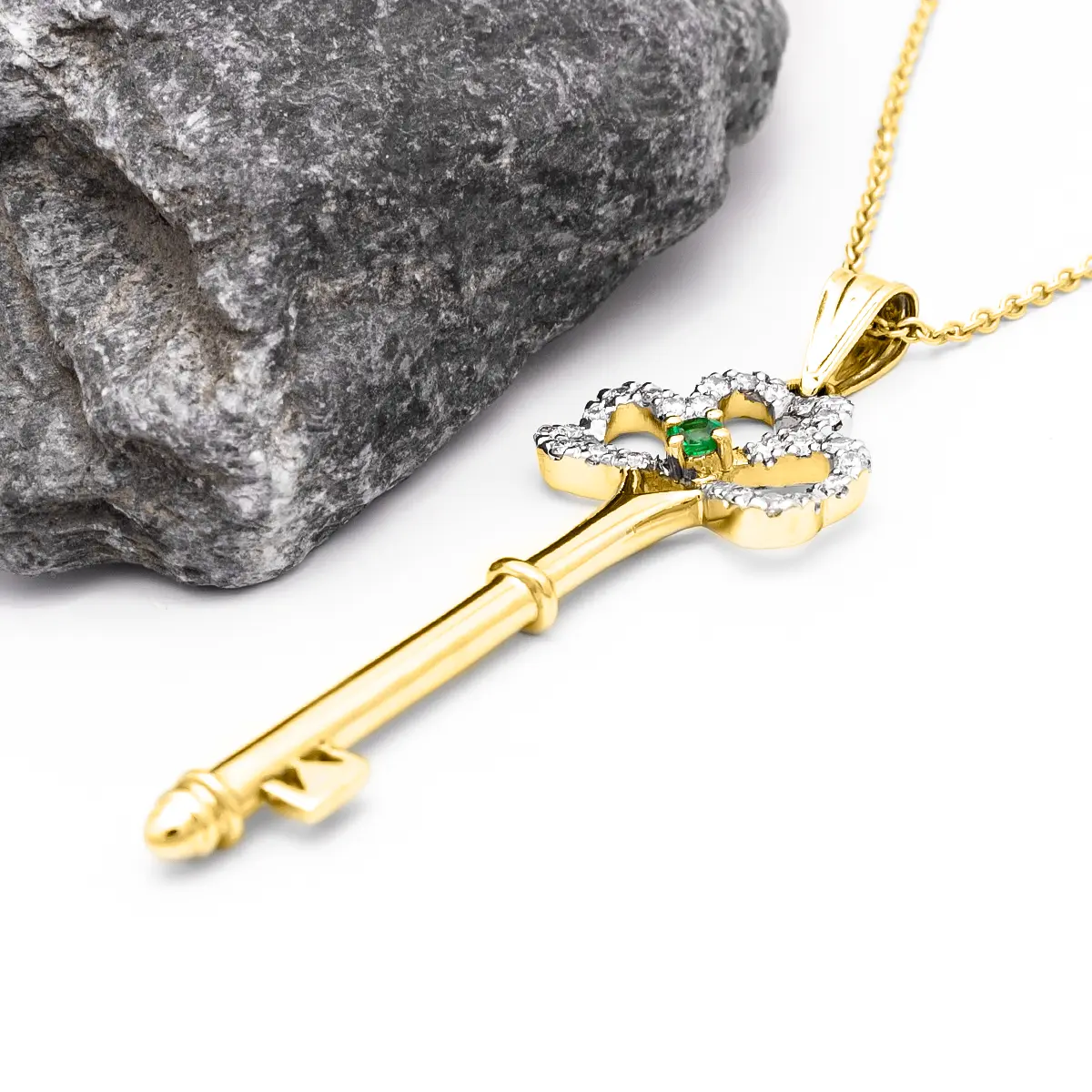 Gold Shamrock Key Pendant With Emerald And Diamonds 3...