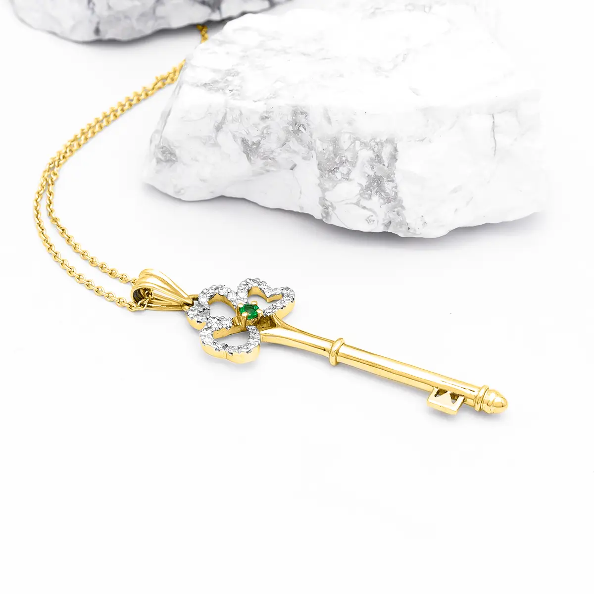 Gold Irish Shamrock Key Pendant With Emerald And Diamonds Photo 6 