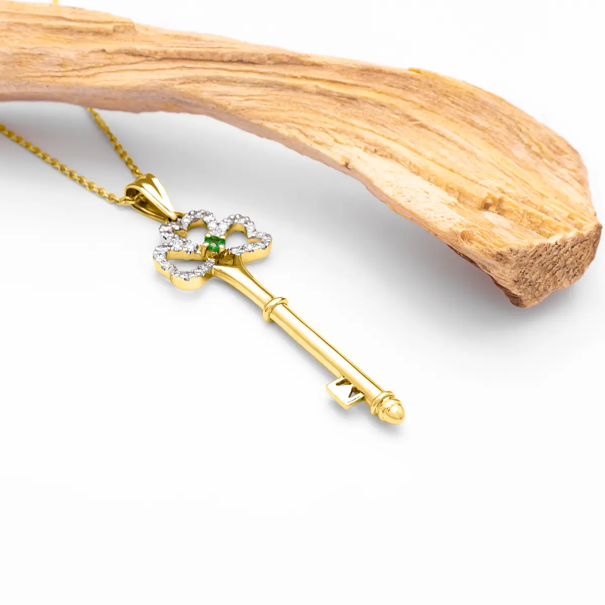 Gold Irish Shamrock Key Pendant With Emerald And Diamonds Photo 7 