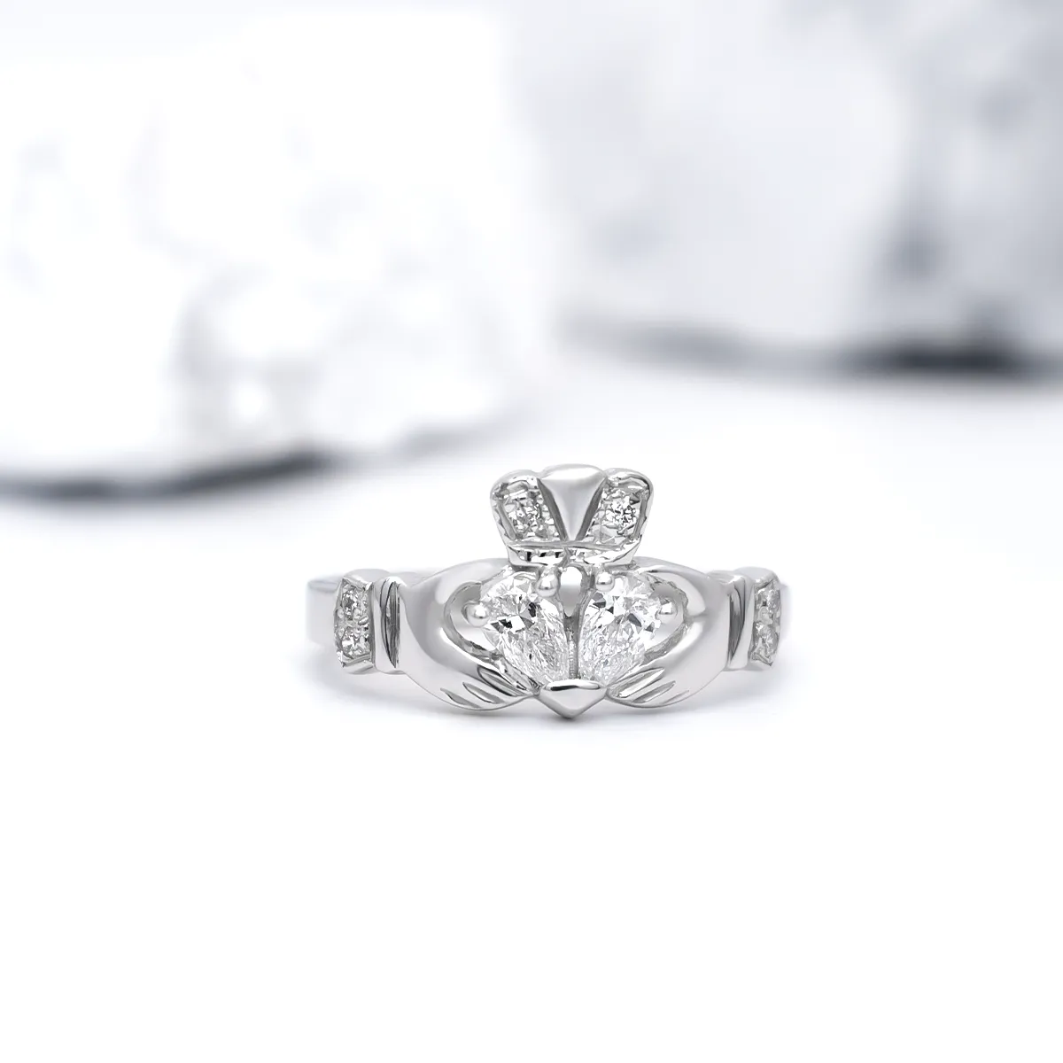 White Gold Split-Heart Diamond Claddagh Engagement Ring...