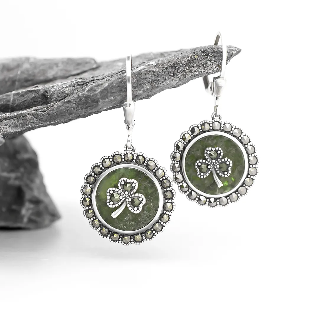 Connemara Marble Inlaid Shamrock Silver Earrings