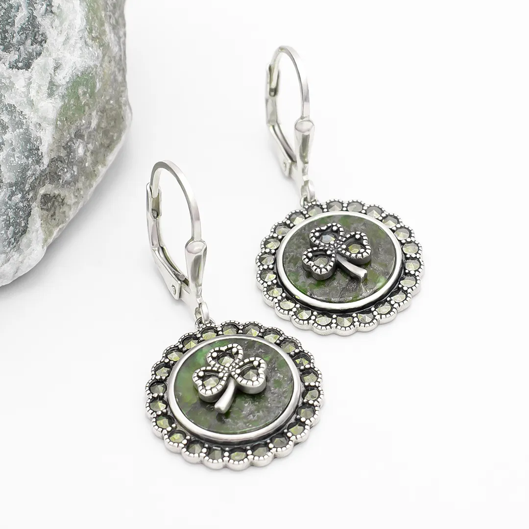 Connemara Marble Sterling Silver Marcasite-studded Shamrock Earrings...