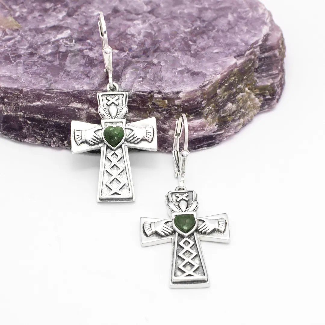 Connemara Marble Sterling Silver Claddagh Cross Earrings Photo 3 