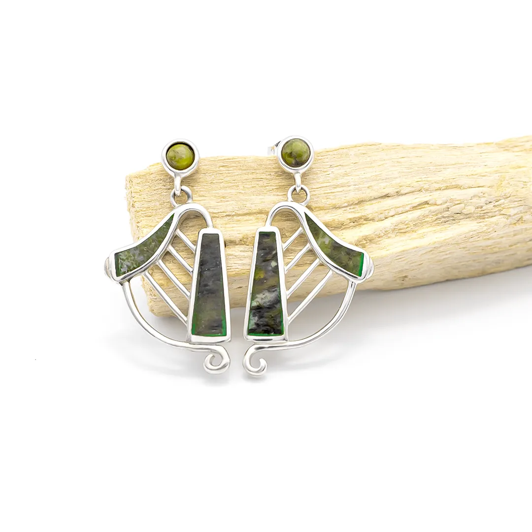 Connemara Marble Sterling Silver Irish Harp Earrings...