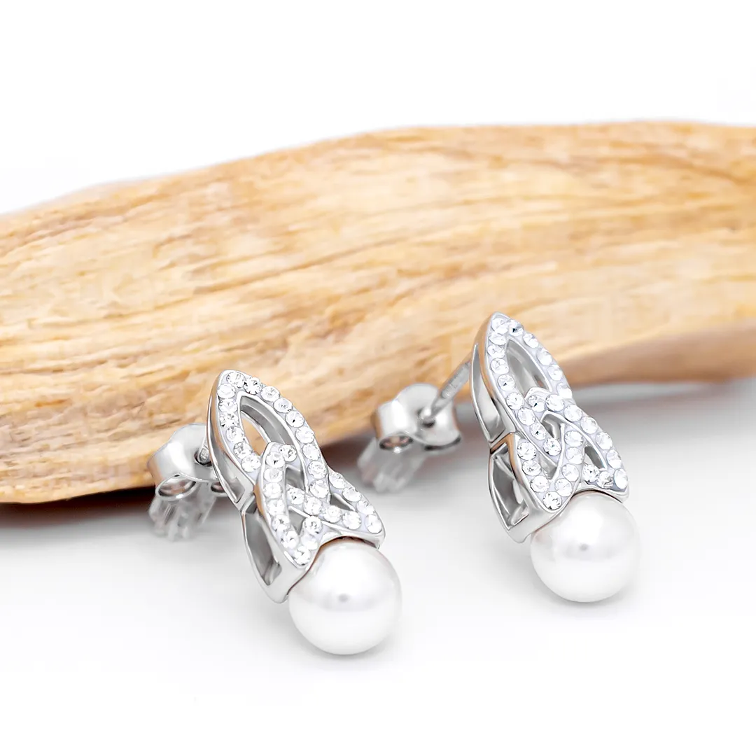 Sterling Silver Trinity Knot Pearl Earrings with Crystals Photo 2 