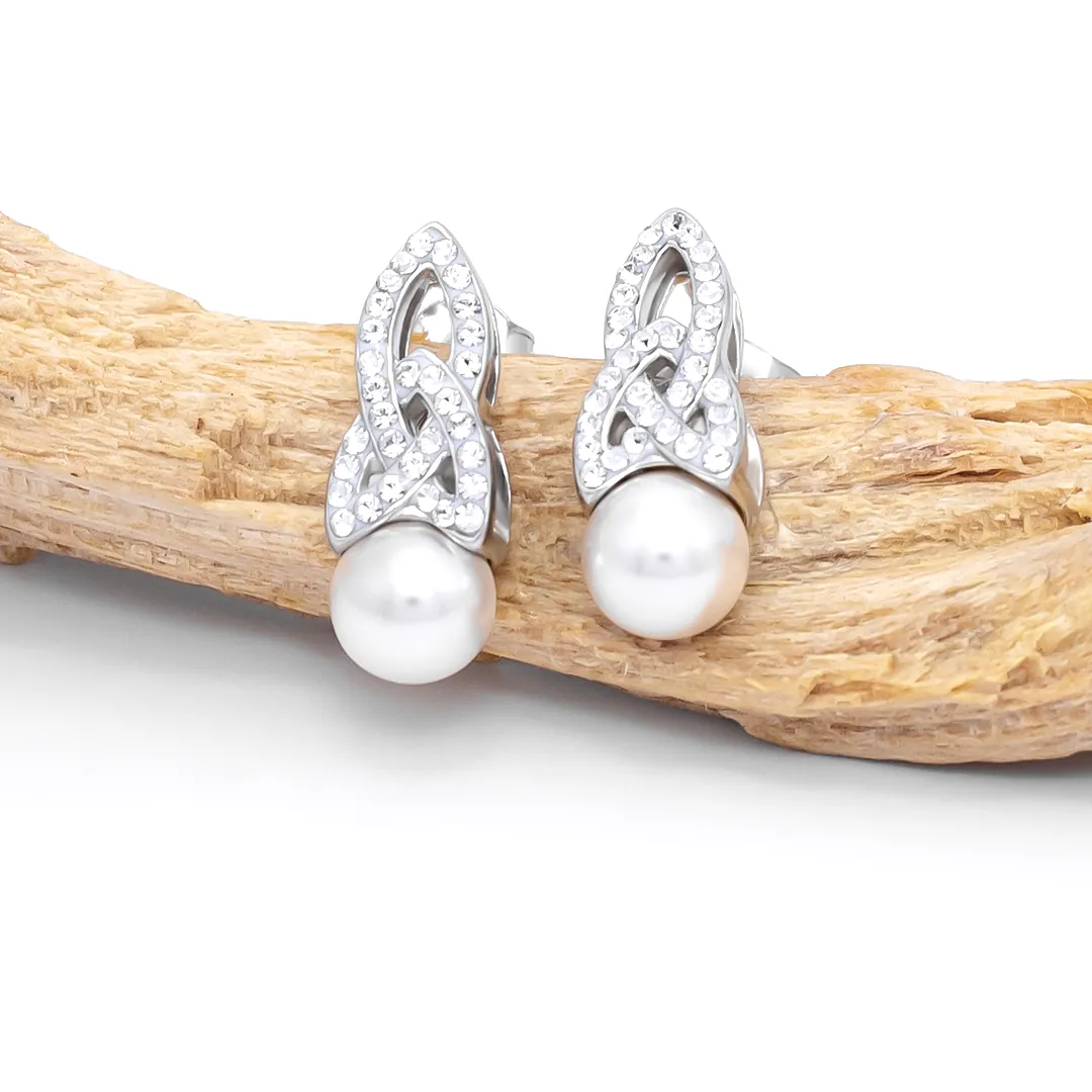 Sterling Silver Trinity Knot Pearl Earrings with Crystals Photo 1 
