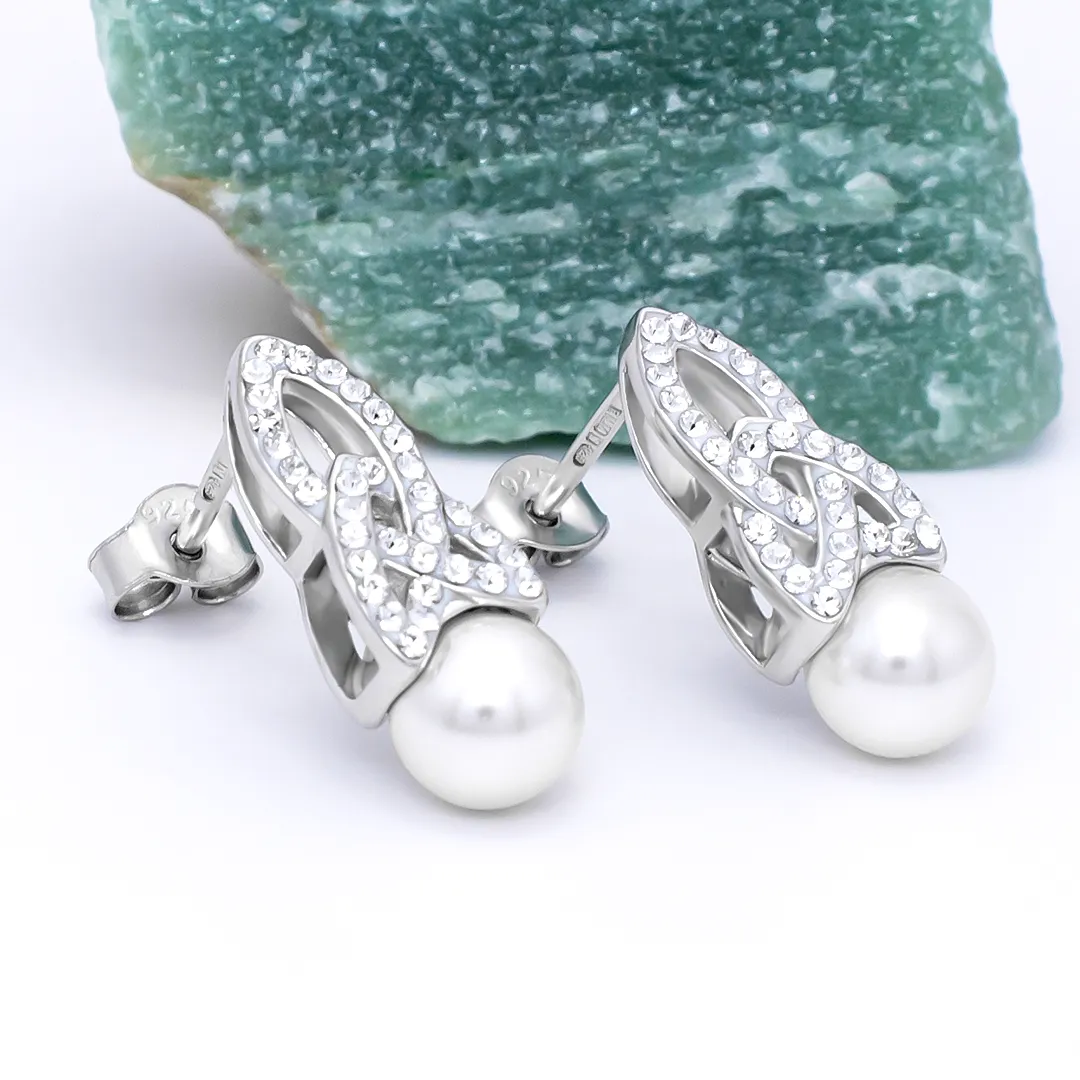 Sterling Silver Trinity Knot Pearl Earrings with Crystals Photo 3 