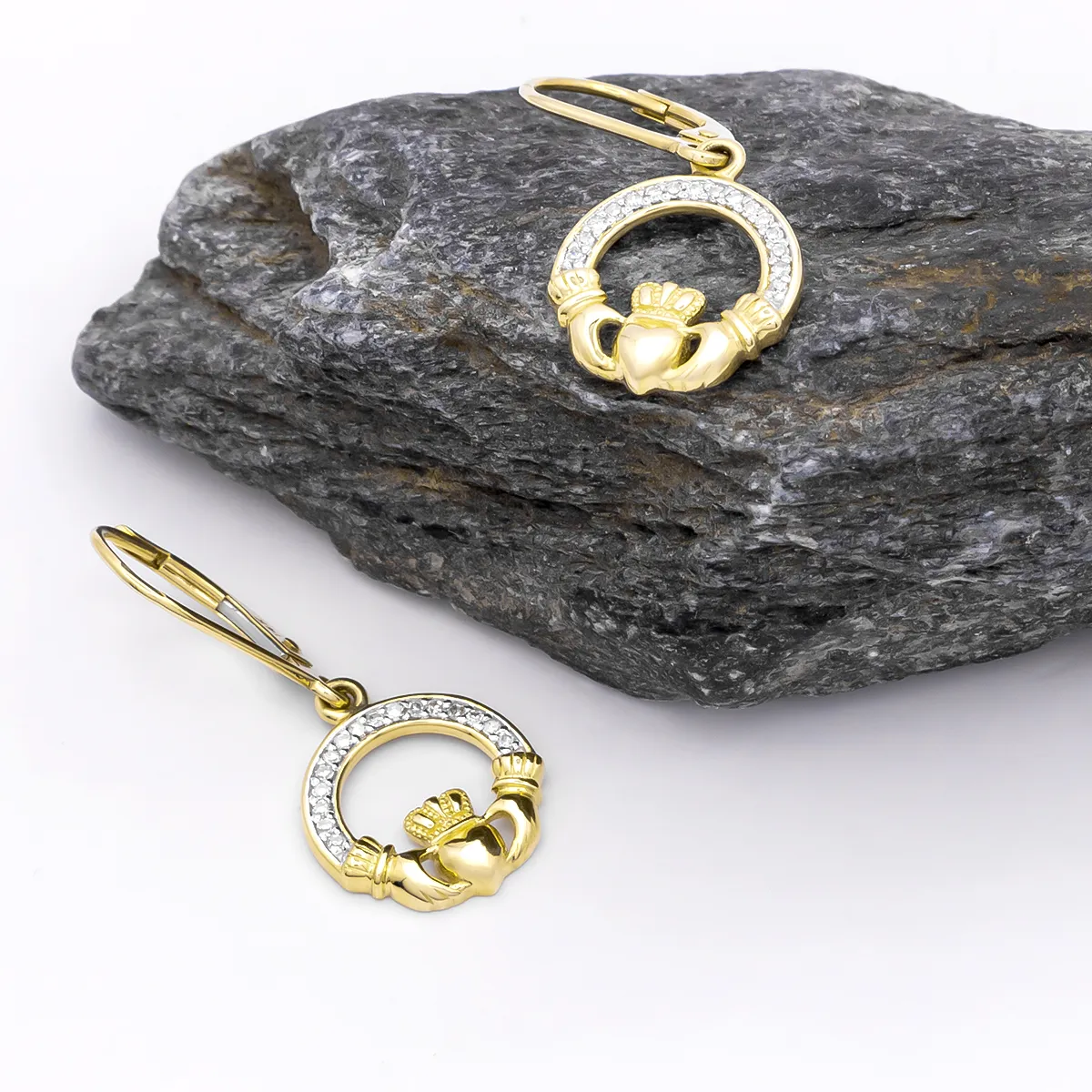 14K Gold Diamond Set Claddagh Earrings