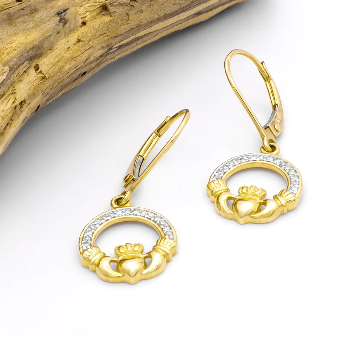 IJCE0012 Yellow Gold Claddagh Ring Earrings 2