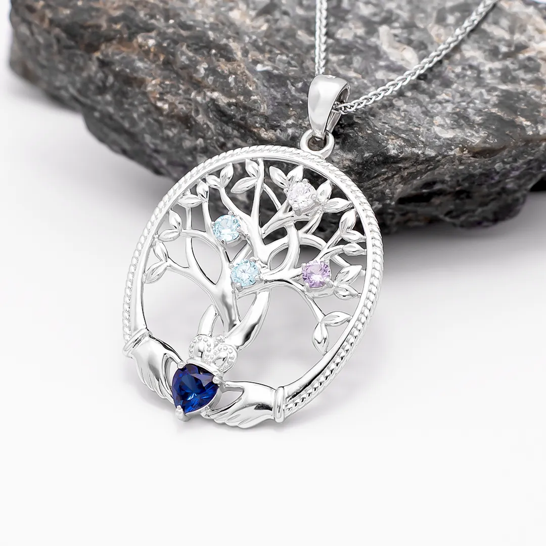 4 Stone Family Claddagh Tree of Life Necklace...