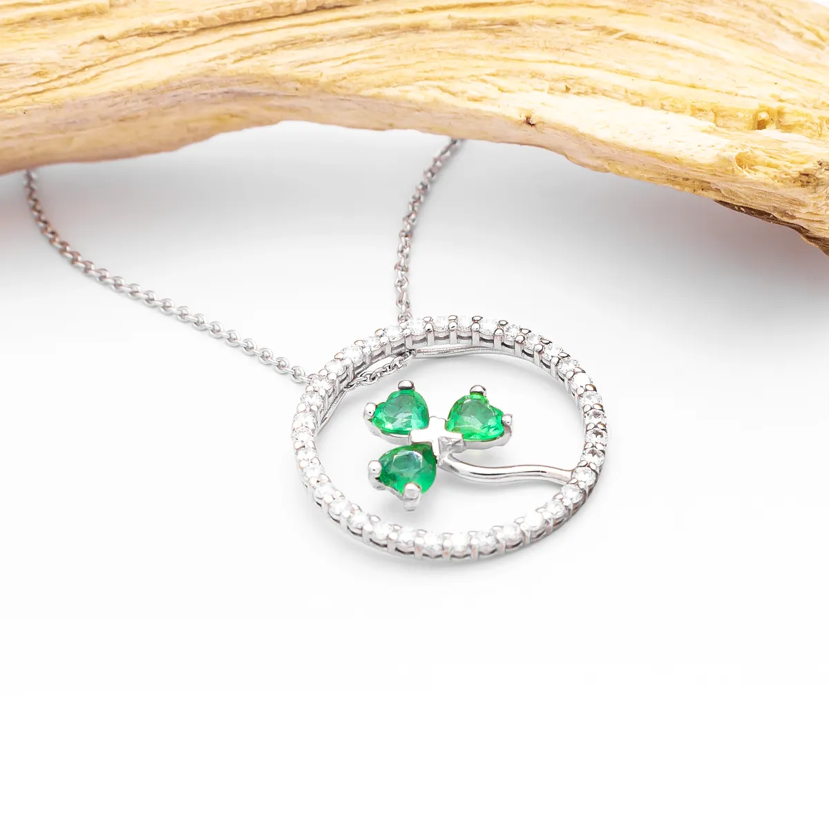 White Gold Shamrock In Circle Pendant Set with Emeralds and Diamonds Photo 2 