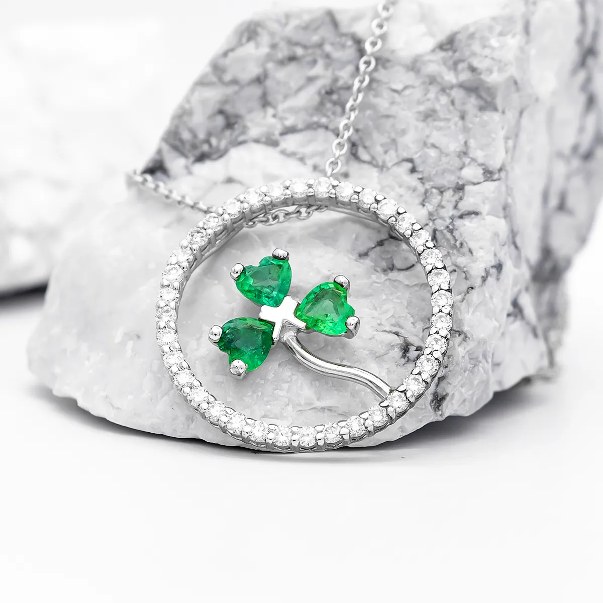 White Gold Shamrock In Circle Pendant Set with Emeralds and Diamonds...