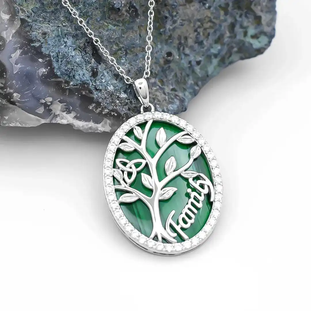 Sterling Silver Malachite Tree of Life Oval Pendant...