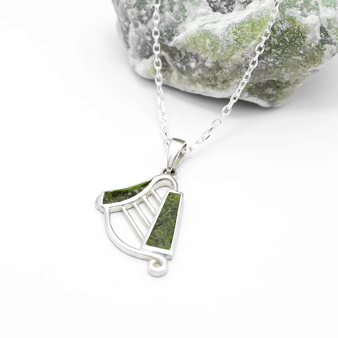 Connemara Marble Sterling Silver Irish Harp Pendan...