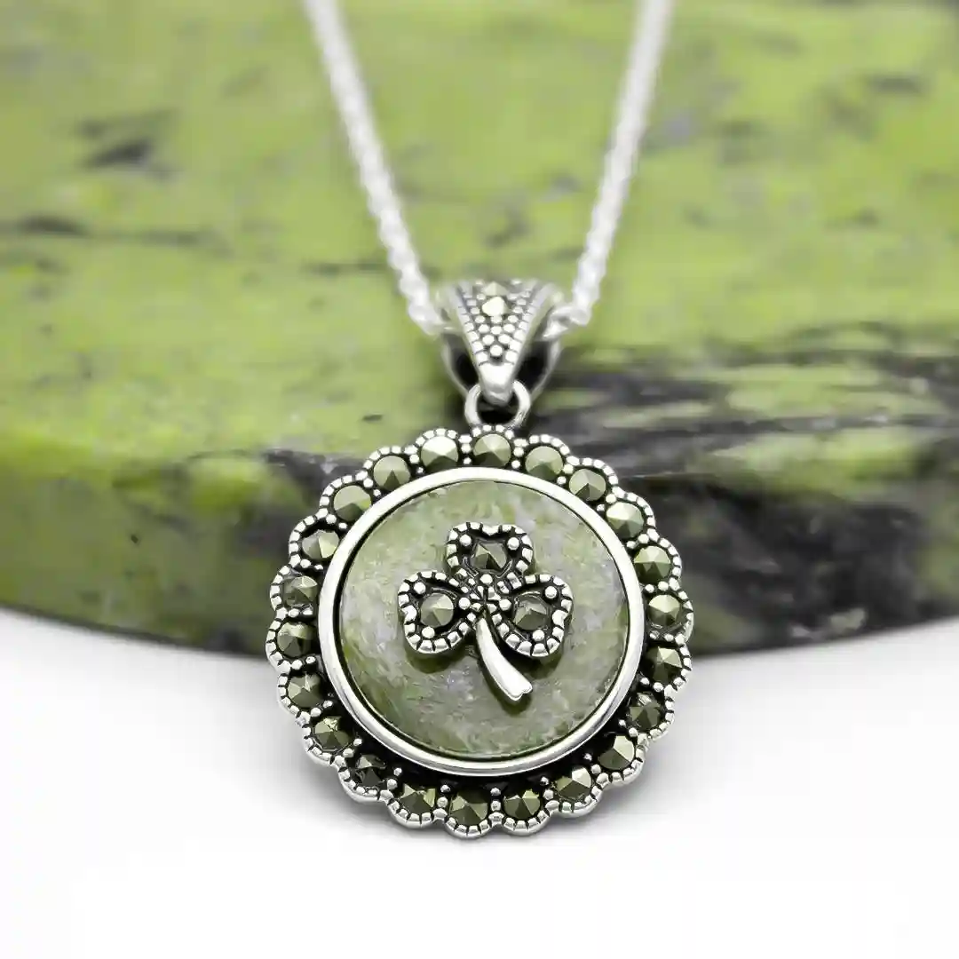 Connemara Marble Sterling Silver Marcasite-studded Shamrock Pendant...