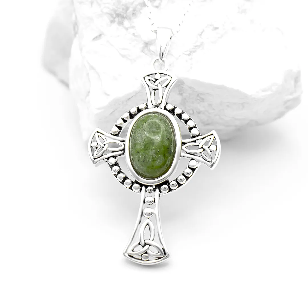 Oval Connemara Marble Sterling Silver Celtic Cross Pendant...