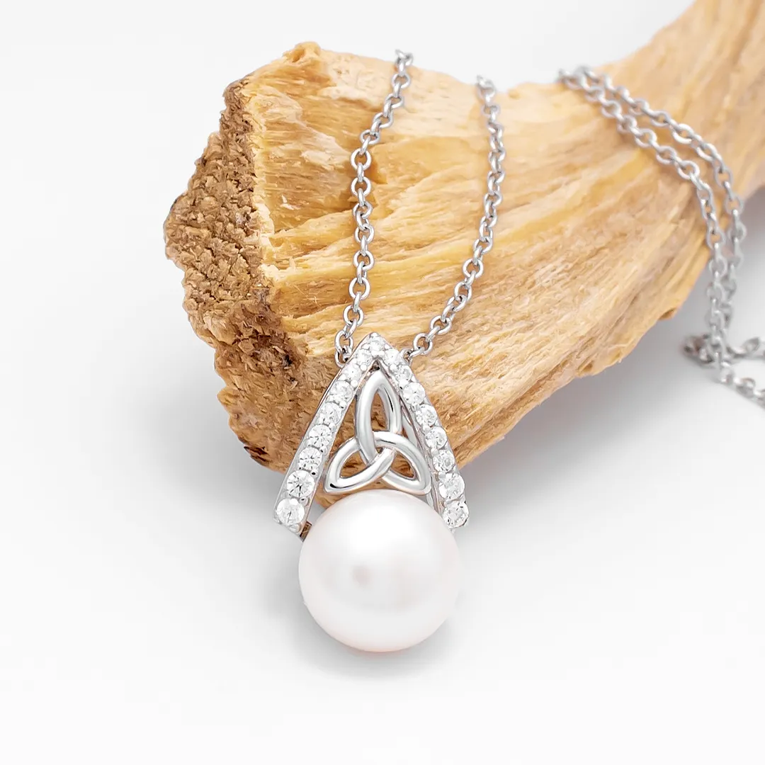 Celtic Trinity Knot Pearl Pendant in Sterling Silver...