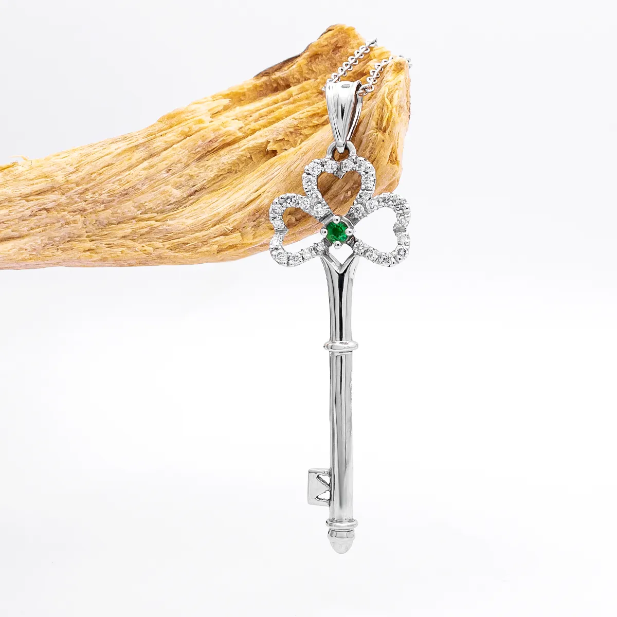 White Gold Shamrock Key Pendant With Emerald And Diamond...