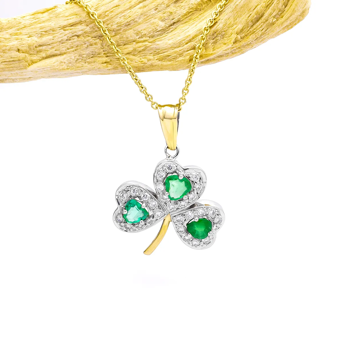 IJCP0026 Yellow Gold Shamrock Pendant With Emerald 2...