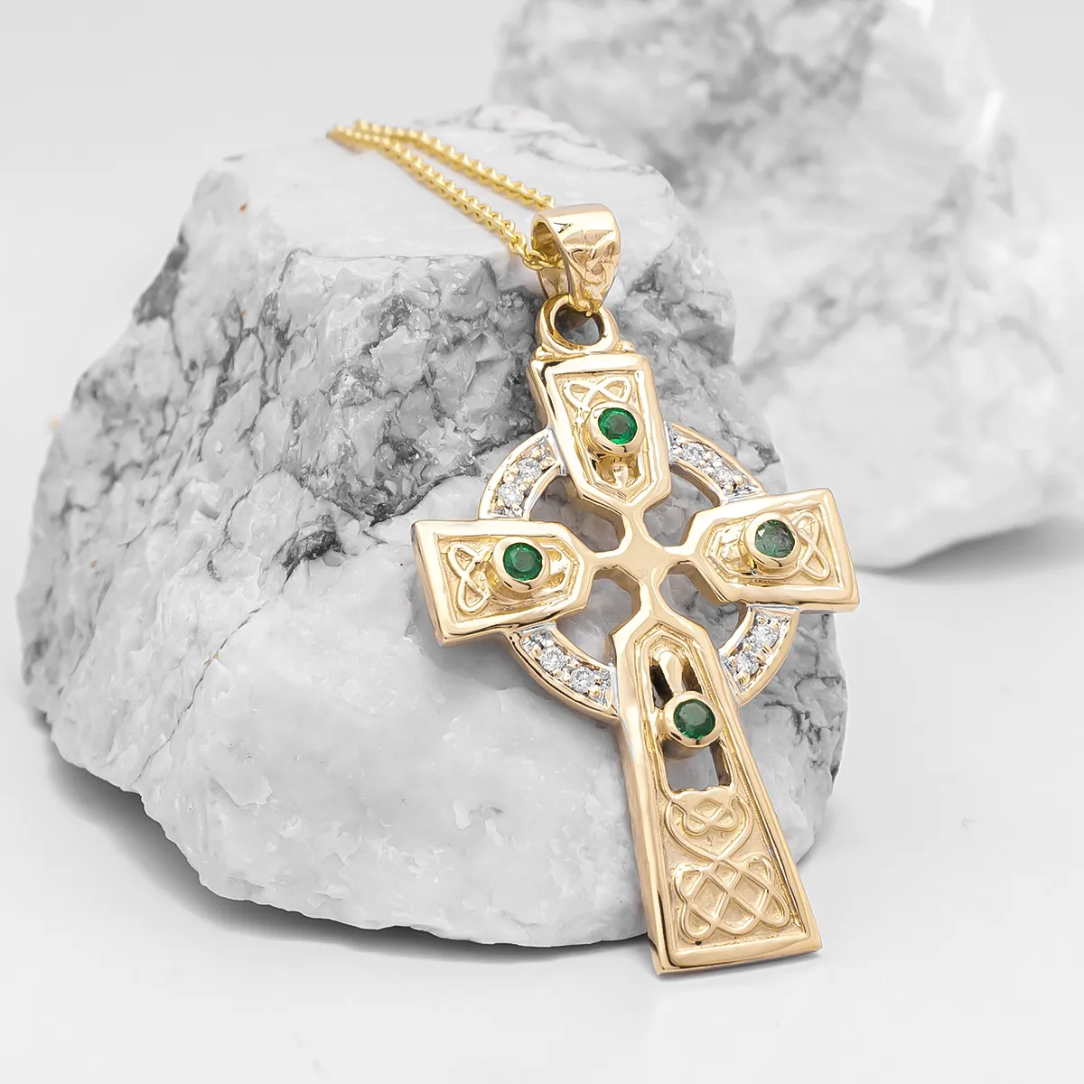 Emerald And Brilliant Cut Diamond Cross Pendant On Chain