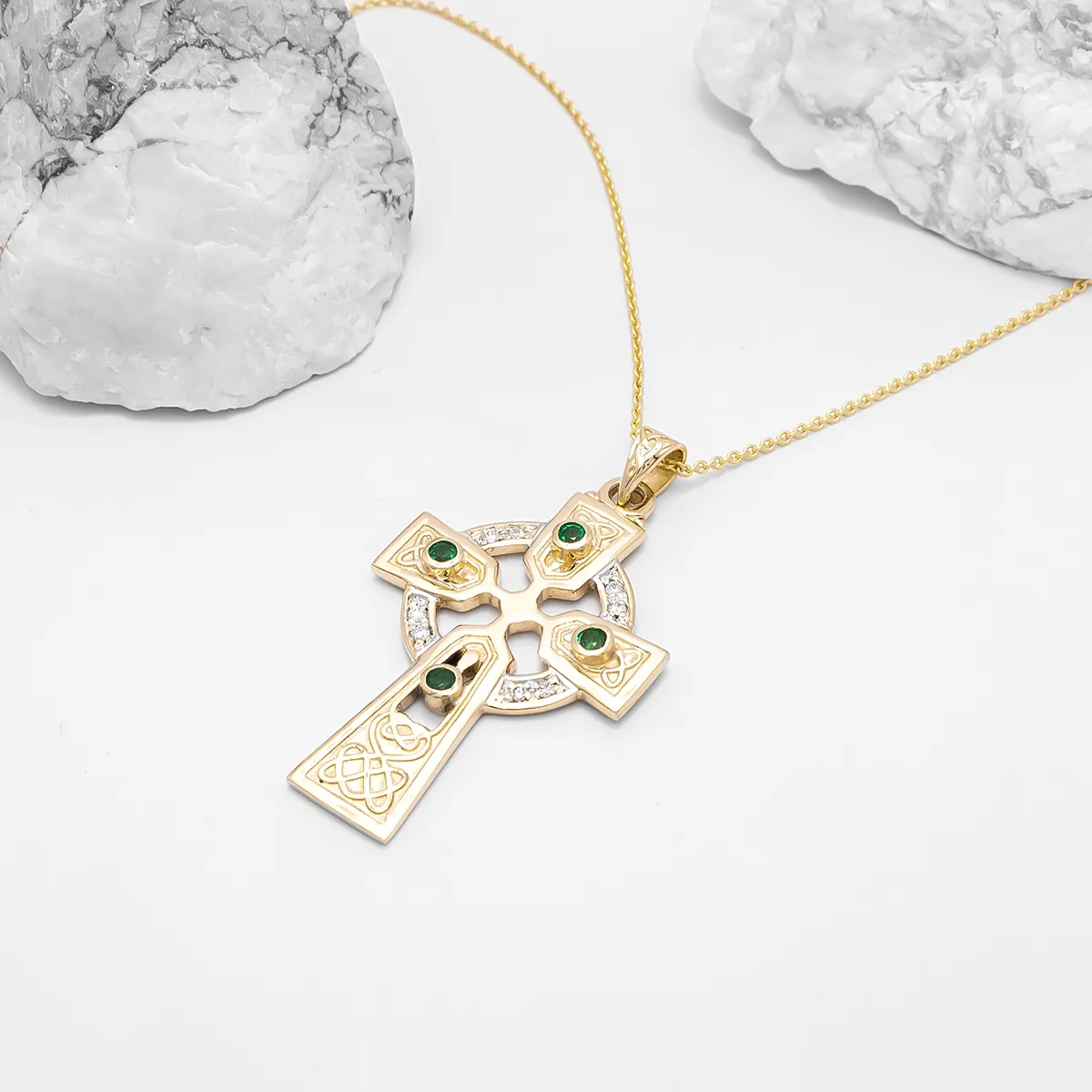 Emerald And Brilliant Cut Diamond Cross Pendant On Chain