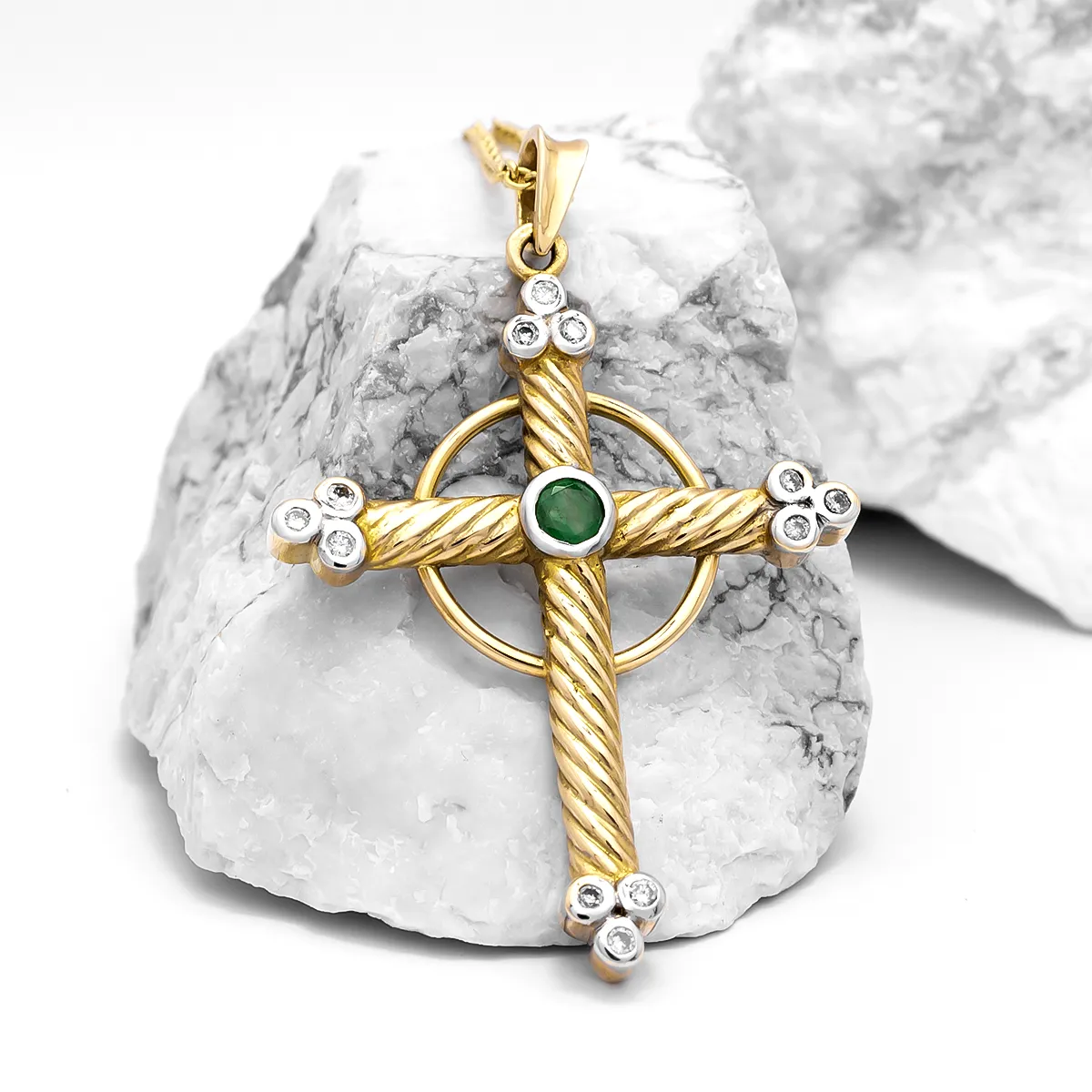 Gold Emerald & Brilliant Cut Diamond Cross Pendant