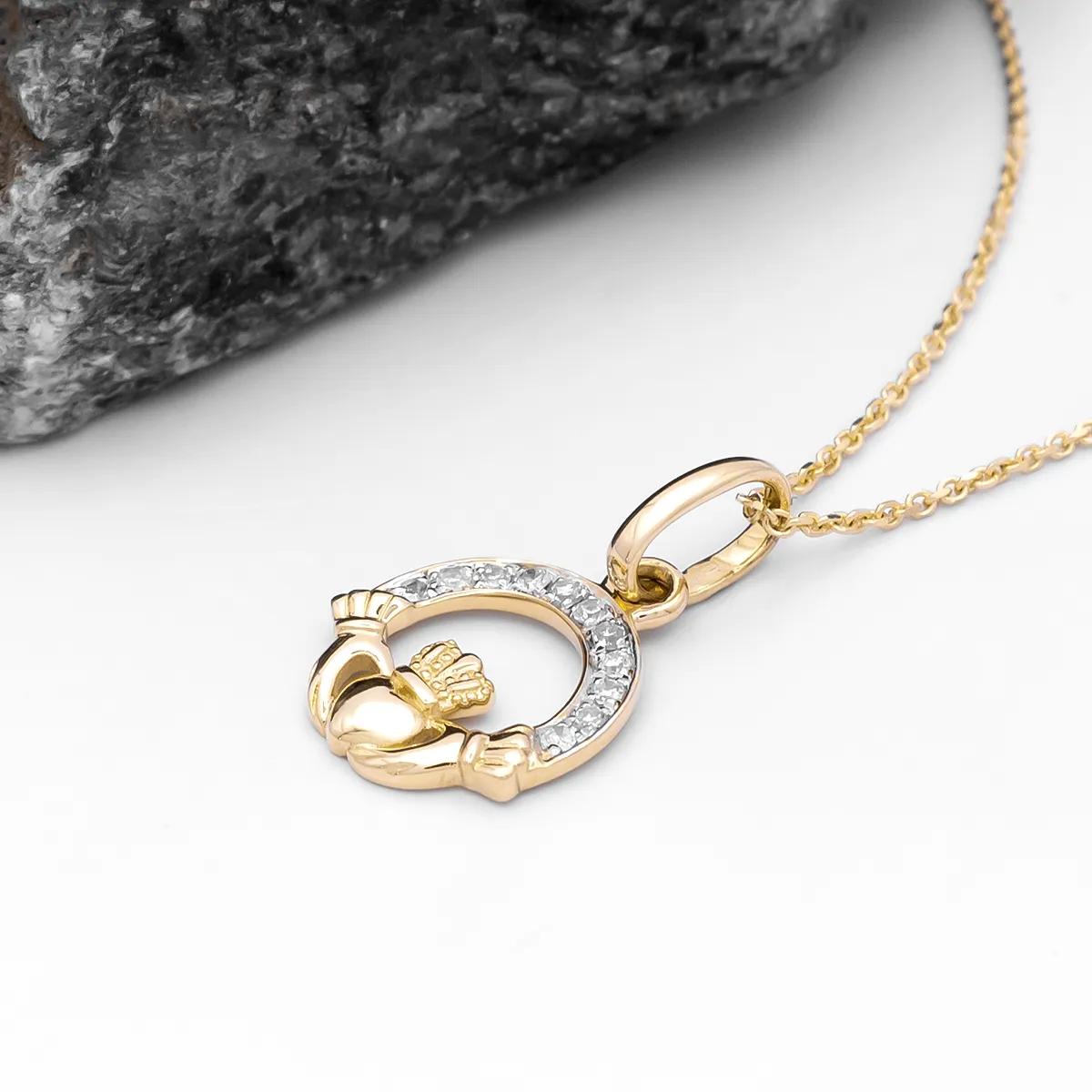 14K Gold Diamond Set Claddagh Pendant...