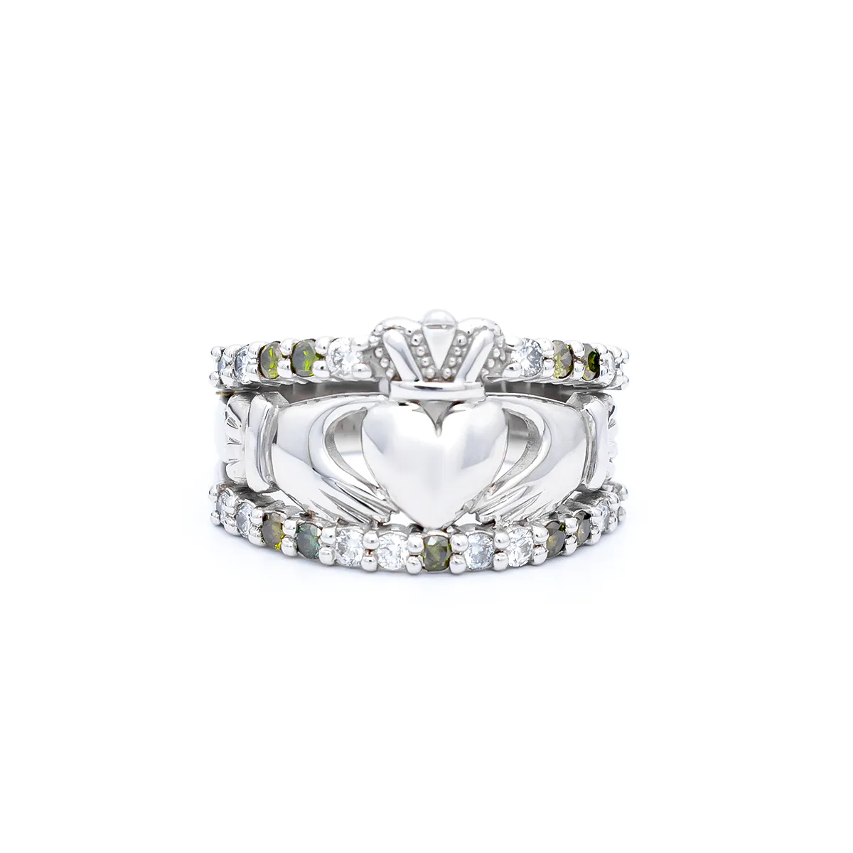 Claddagh Ring With Green Coloured And White Diamonds 