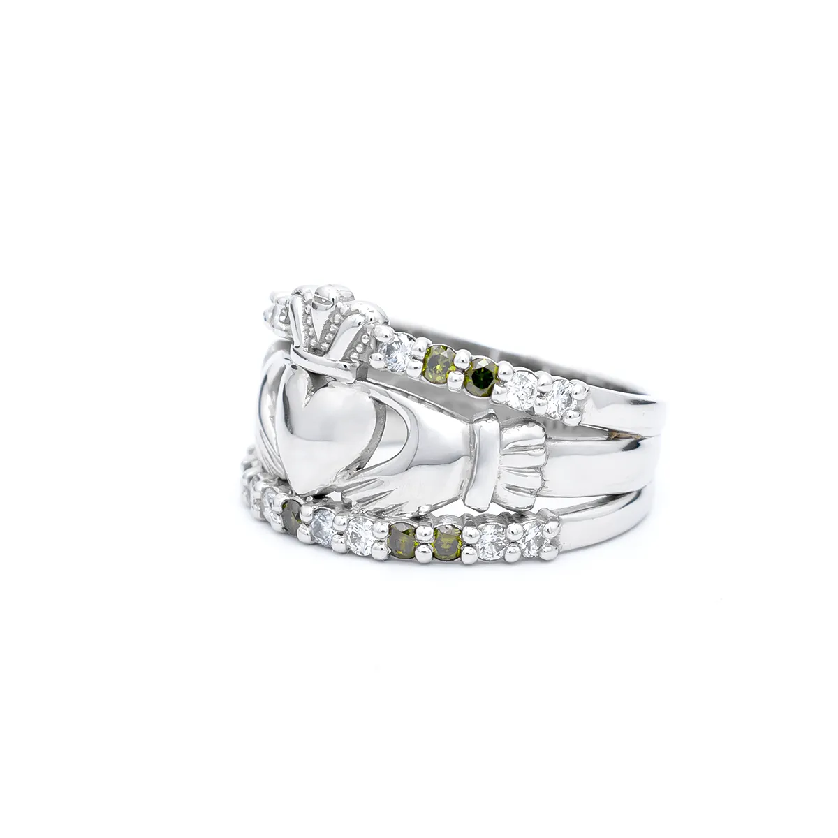 IJCR00023 White Gold Green Diamond Claddagh Ring 2