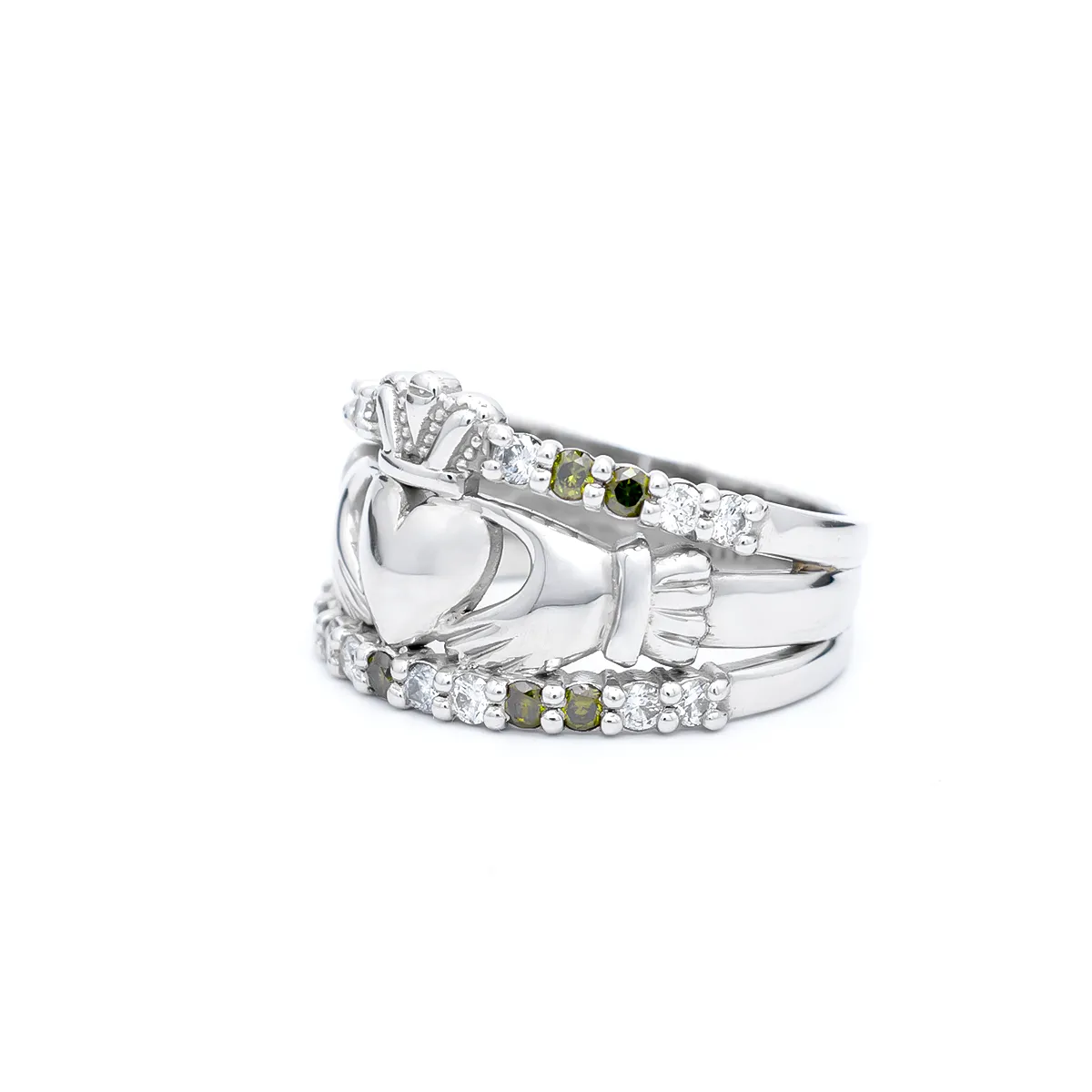 IJCR00023 White Gold Green Diamond Claddagh Ring 2...